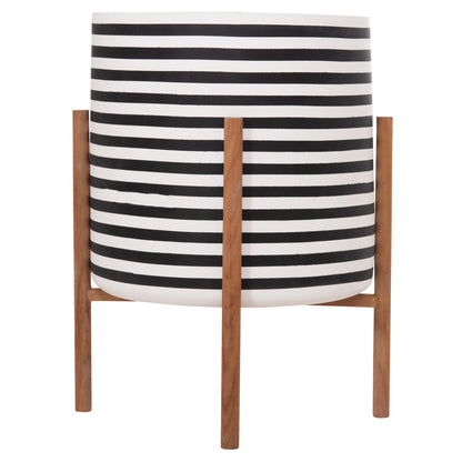 Indoor Pot Rentil Hm4683l Fiber Cement In Black/white--teak Base Φ35x45hcm