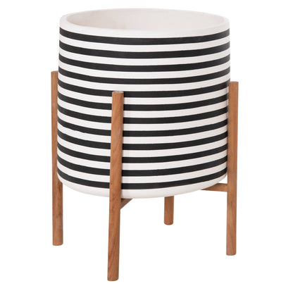 Indoor Pot Rentil Hm4683l Fiber Cement In Black/white--teak Base Φ35x45hcm
