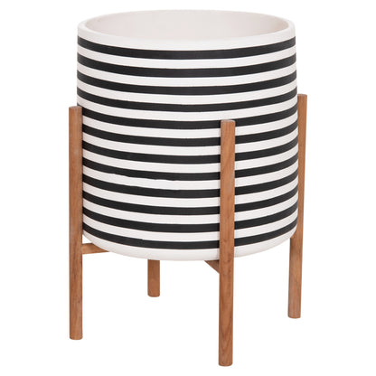 Indoor Pot Rentil Hm4683l Fiber Cement In Black/white--teak Base Φ35x45hcm