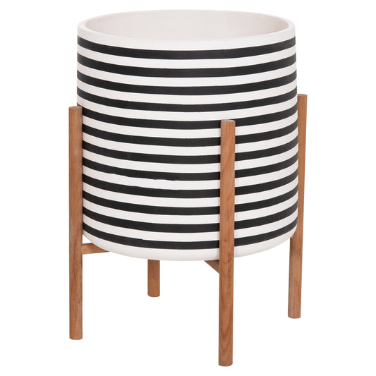 Indoor Pot Rentil Hm4683l Fiber Cement In Black/white--teak Base Φ35x45hcm