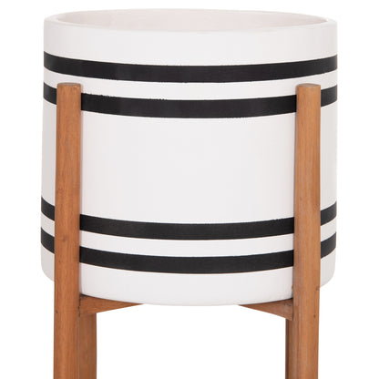 Indoor Pot Rentil Hm4683m Fiber Cement In Black/white--teak Base Φ27x66hcm