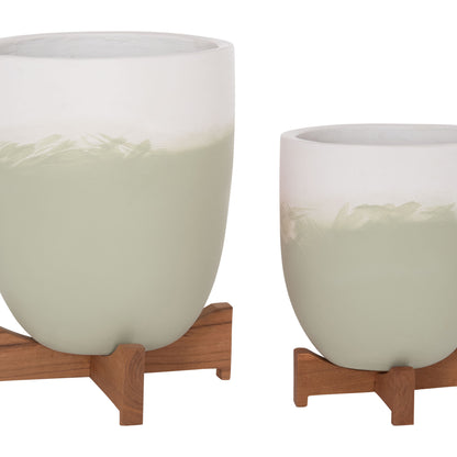 Planters (pots) 2pcs Set Seon Hm4686.09 Terracotta In White & Green--teak Stands