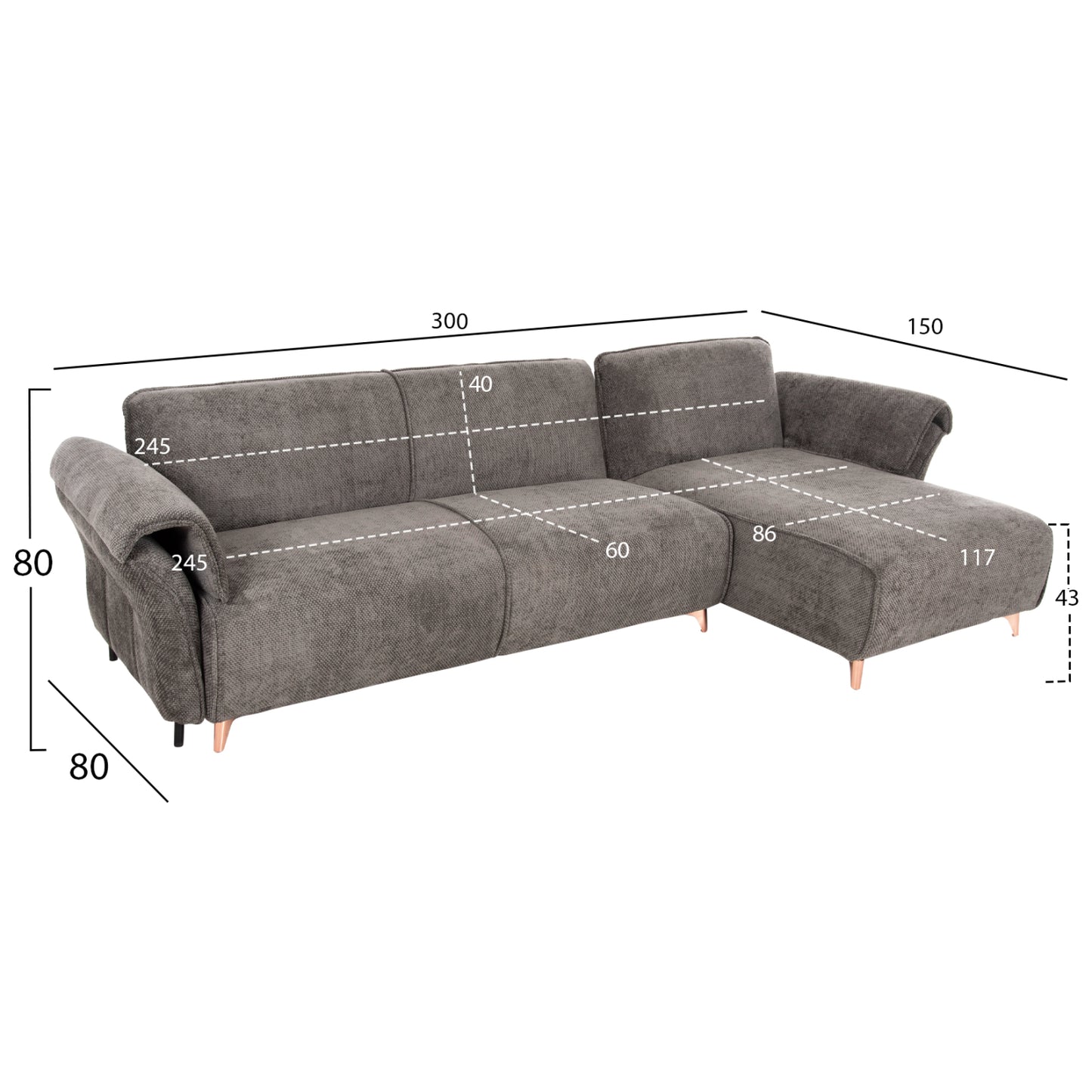 Corner Reversible Sofa-bed Mailo Hm6071.02 Dark Grey Fabric-metal Legs 300x150x80hcm.