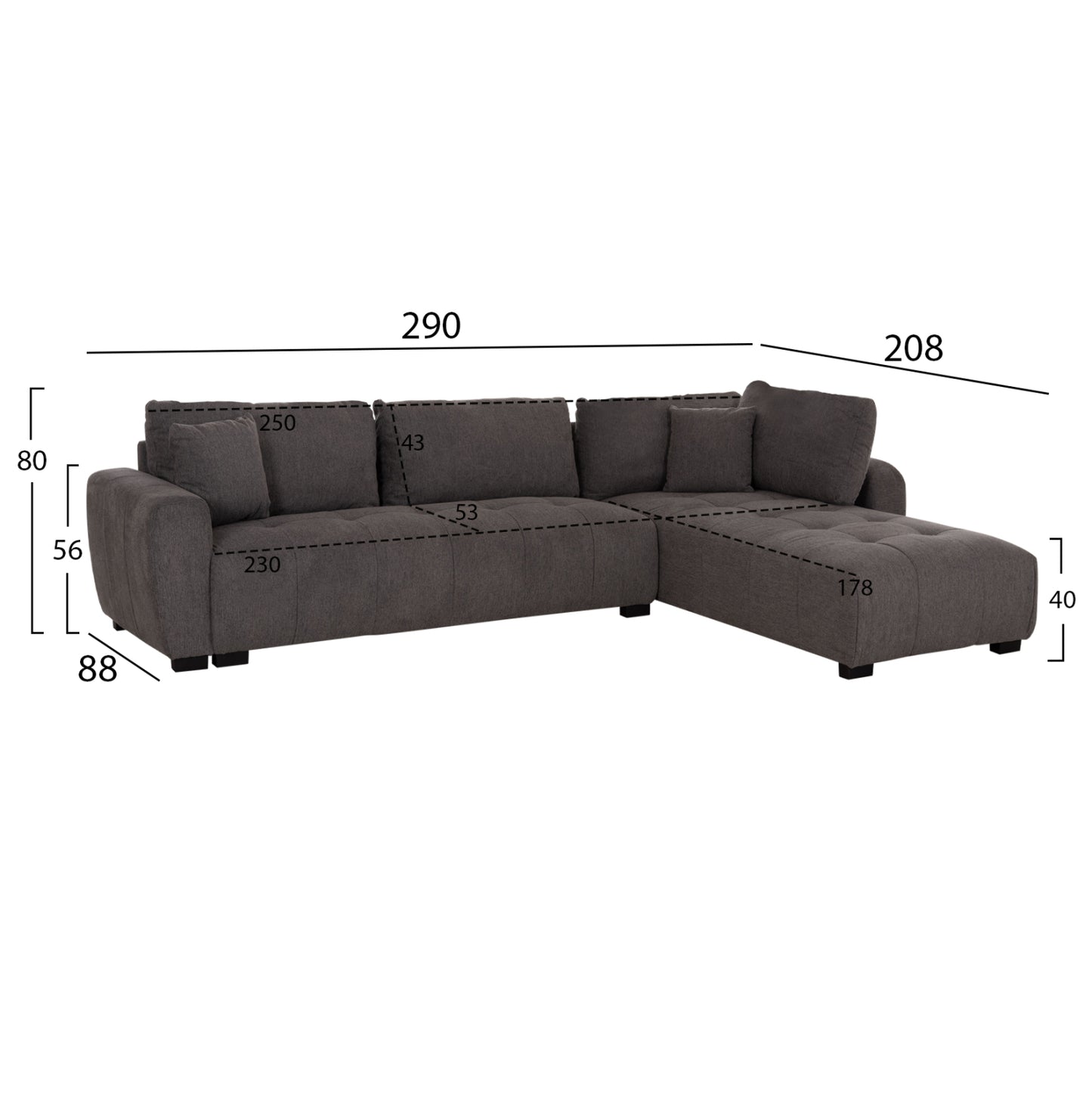 Corner Sofa Reversible Medel Hm3288.01 Grey P.e. Fabric 290x208x80hcm.