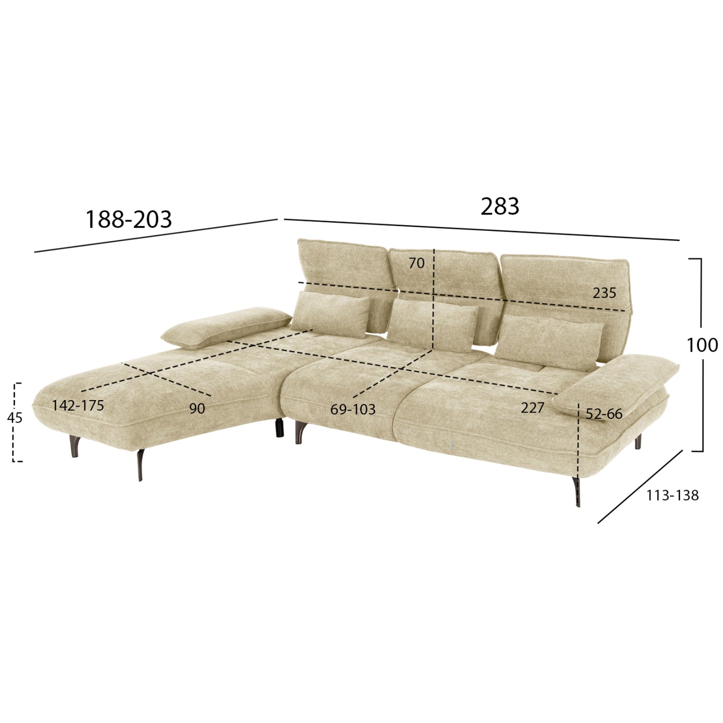 Corner (left) Sofa-bed Convert Hm3268.01l Ecru Fabric 283x188x100hcm.