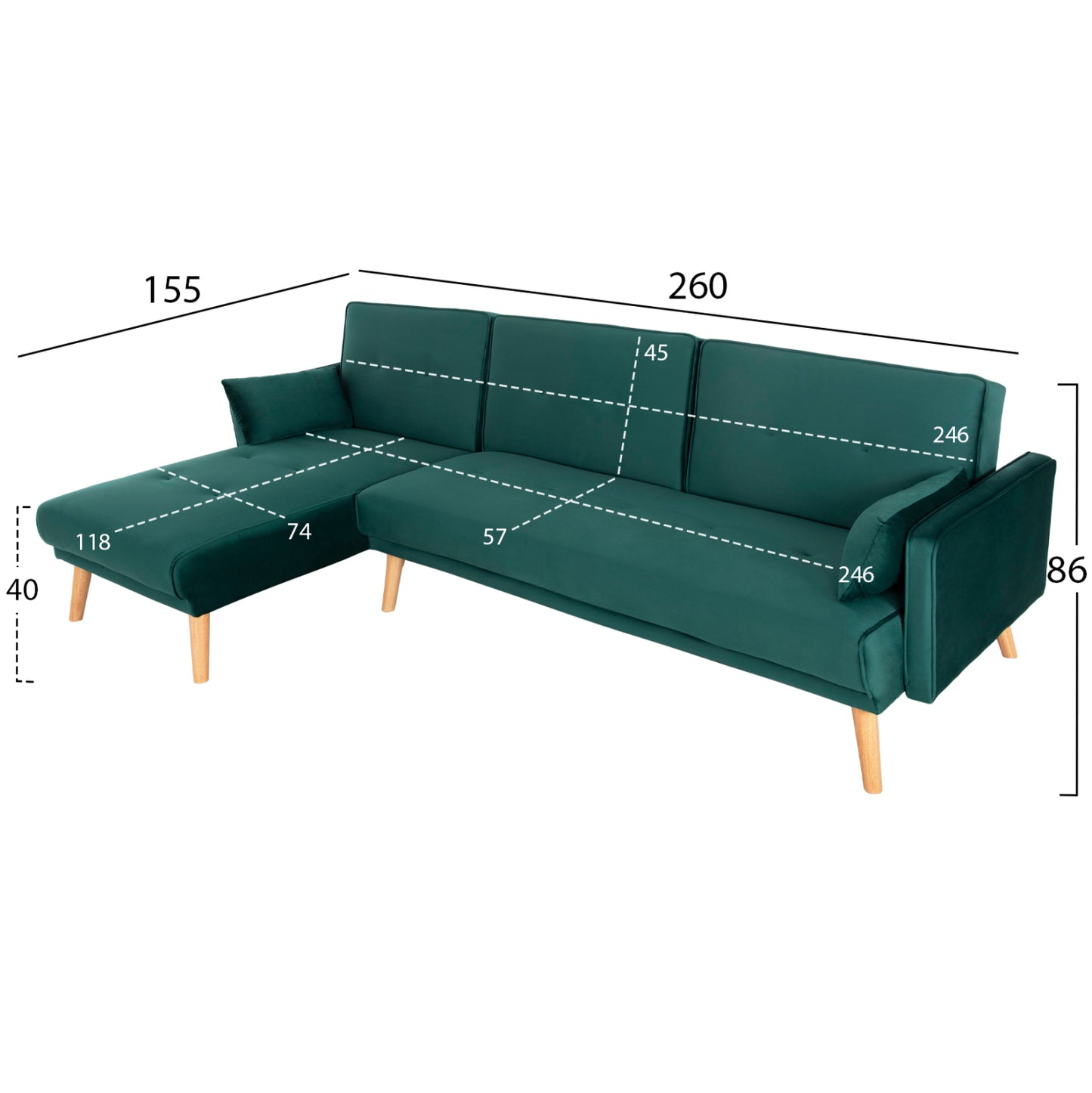 Corner Sofa-bed Reversible Panthea Hm3127.13 Cypress Green Velvet 260x155x86hcm.