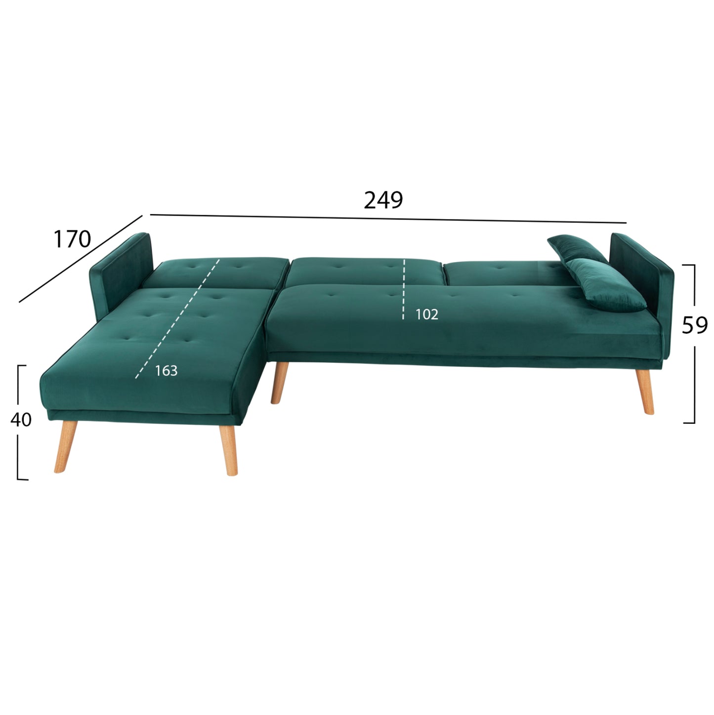Corner Sofa-bed Reversible Panthea Hm3127.13 Cypress Green Velvet 260x155x86hcm.