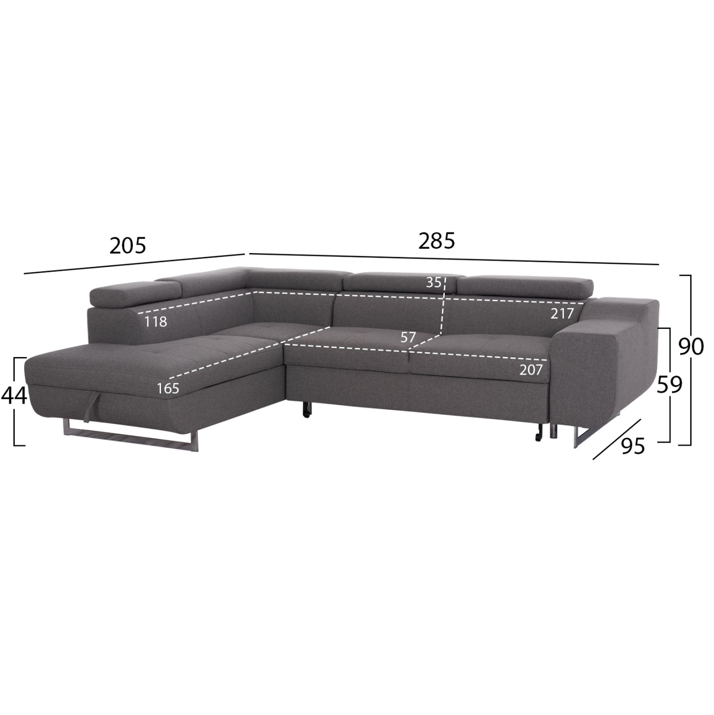Corner Sofa-bed With Storage Space Encore Hm3301.01l Grey Fabric 285x205x90hcm.