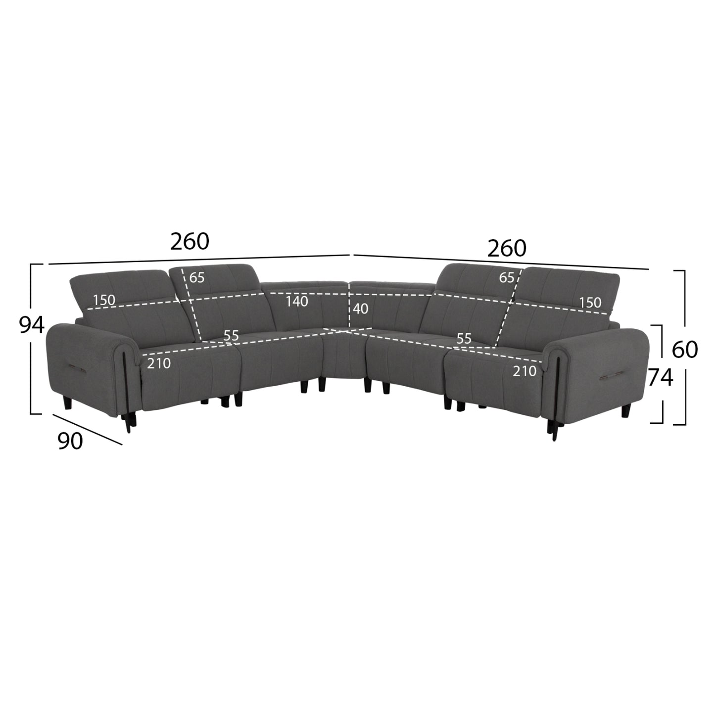 Corner Sofa With 2 Recline Seats Oracle Hm3290.01 Grey Fabric 260x260x90(seat Depth)x94hcm.