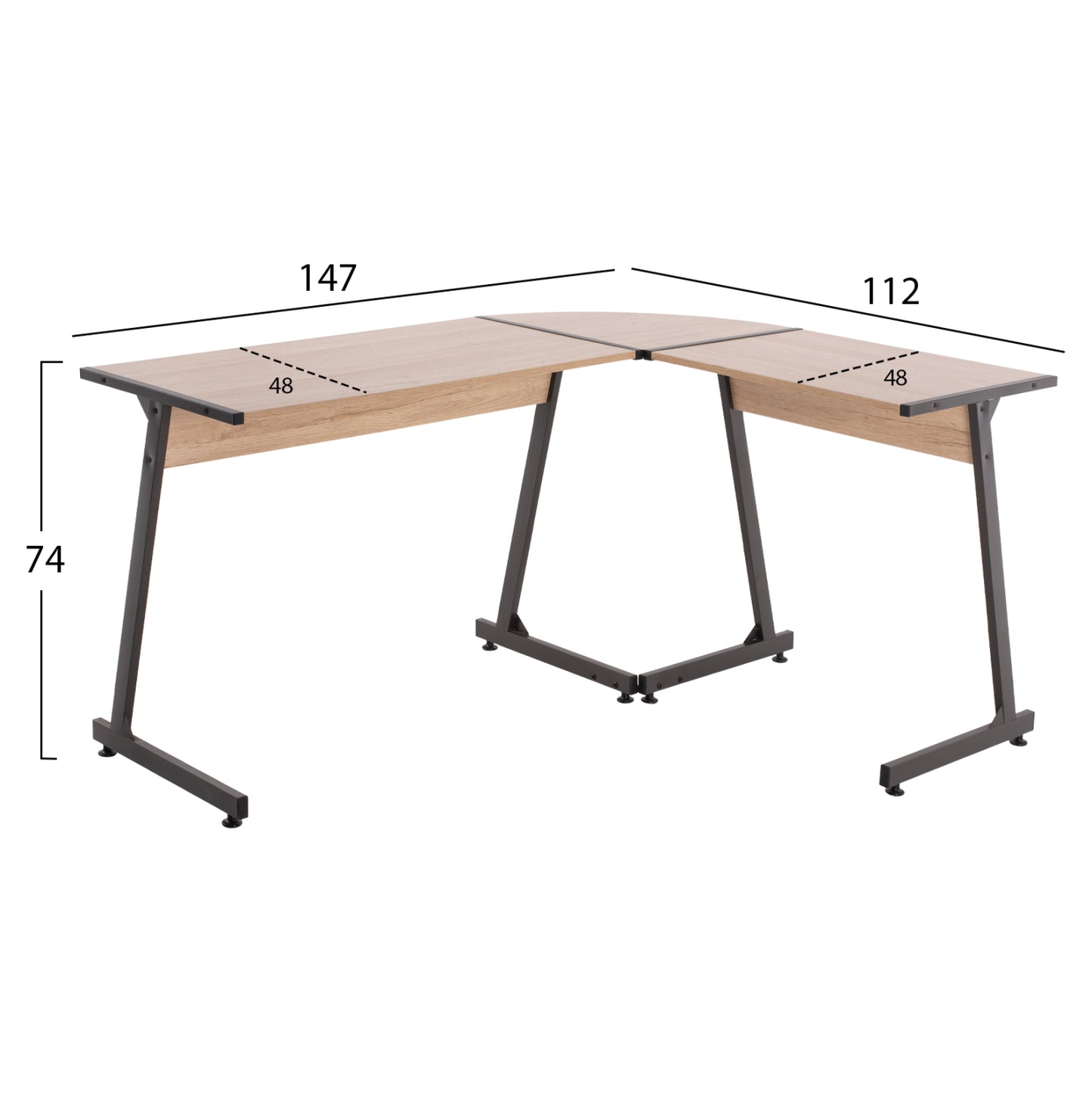 Corner Desk Hm9319 Dark Grey  Metal Frame And Mdf Desktop In Oak Color 147x112x74hcm.