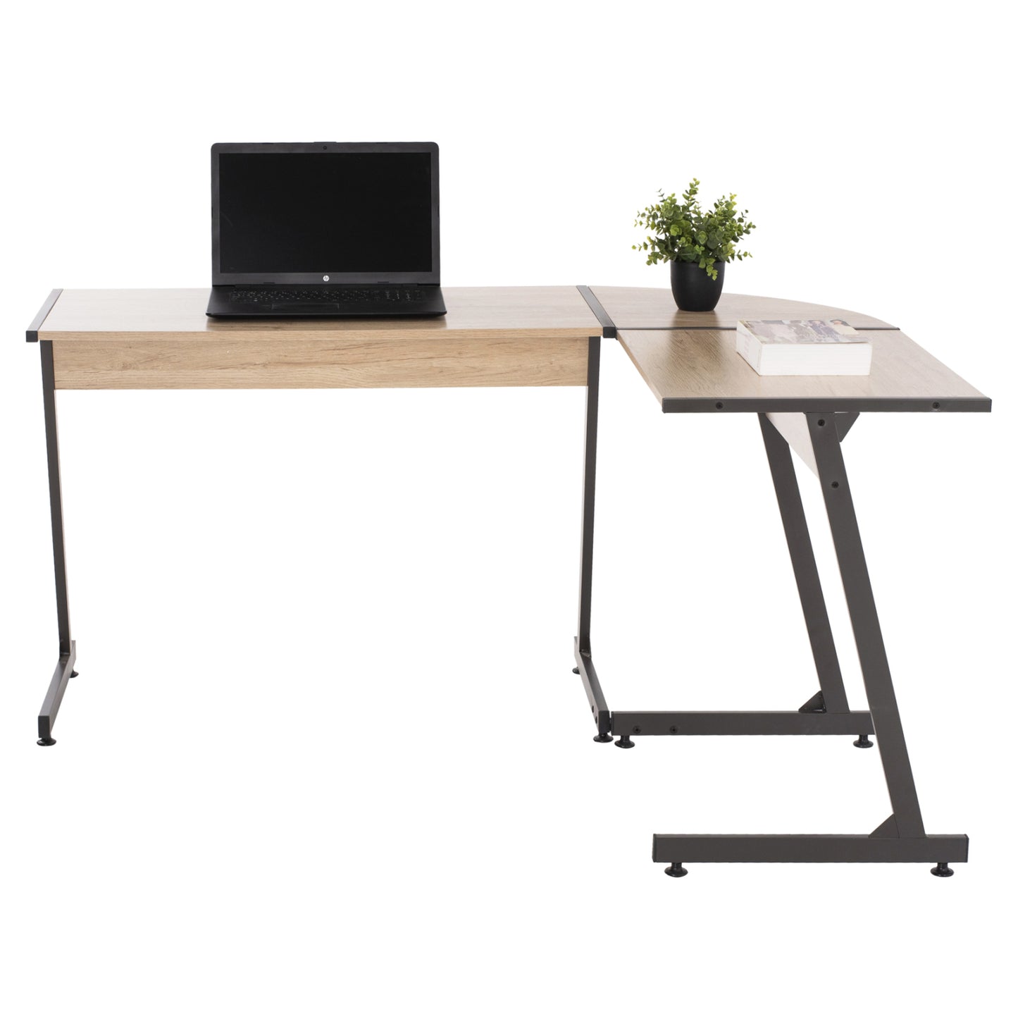 Corner Desk Hm9319 Dark Grey  Metal Frame And Mdf Desktop In Oak Color 147x112x74hcm.