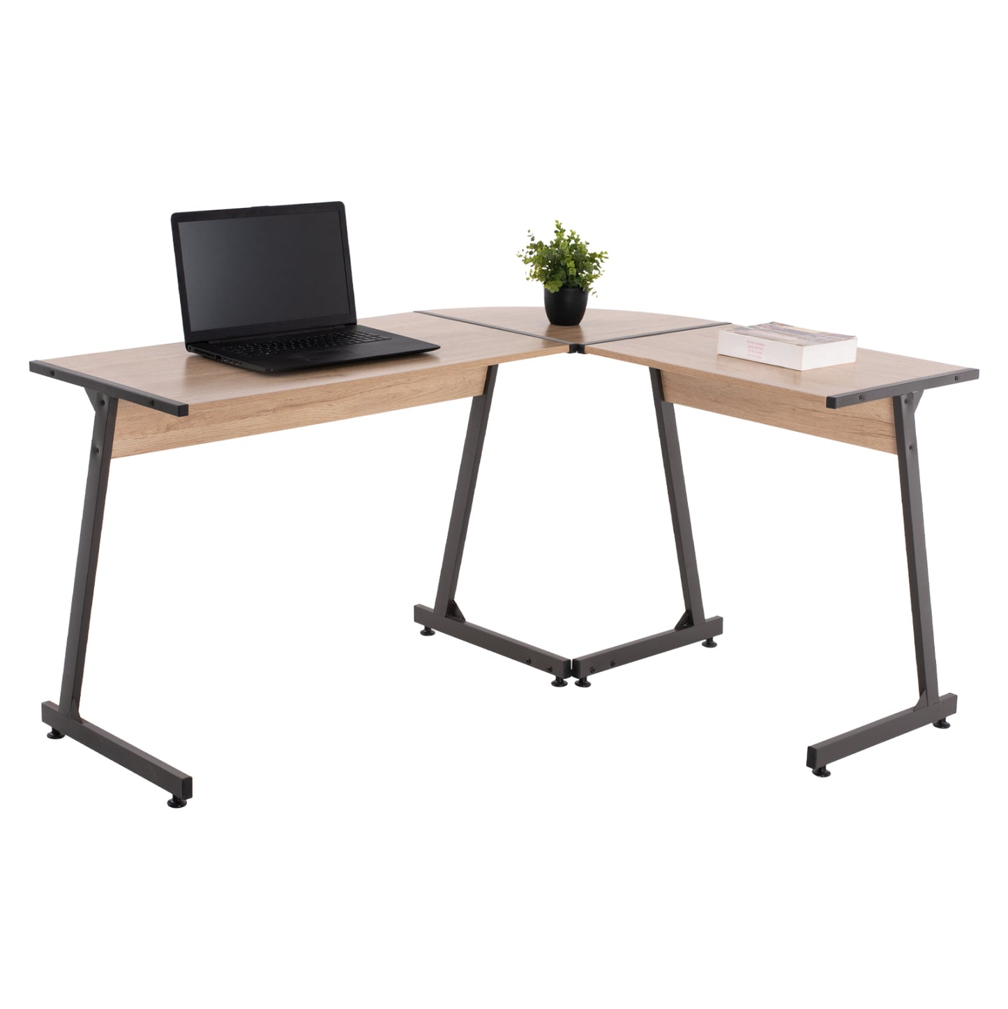 Corner Desk Hm9319 Dark Grey  Metal Frame And Mdf Desktop In Oak Color 147x112x74hcm.