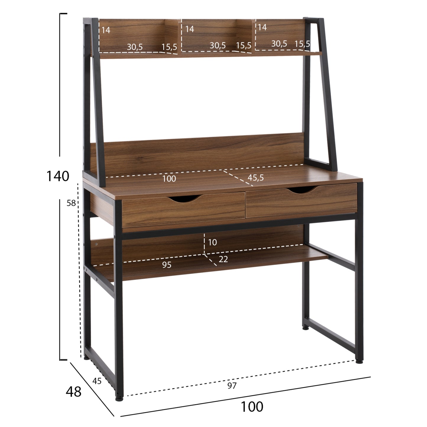 Desk With Bookcase Tanaya Hm2390.12 Melamine In Walnut & Metal Black Frame 100x48x139h Cm.