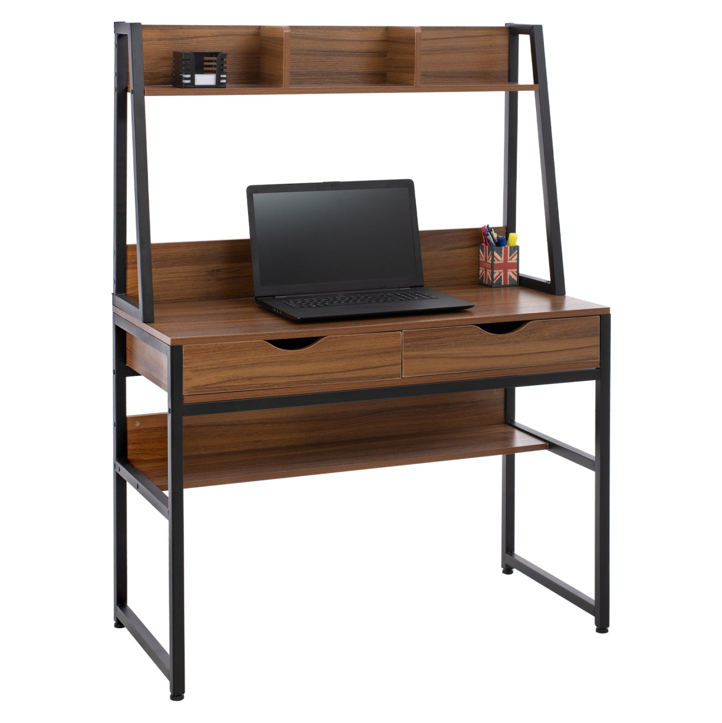 Desk With Bookcase Tanaya Hm2390.12 Melamine In Walnut & Metal Black Frame 100x48x139h Cm.