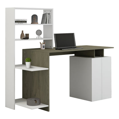 Desk With Bookcase Rochell Melamine Olive Grey White Color 146,3x55x128,8hcm.hm8886.11