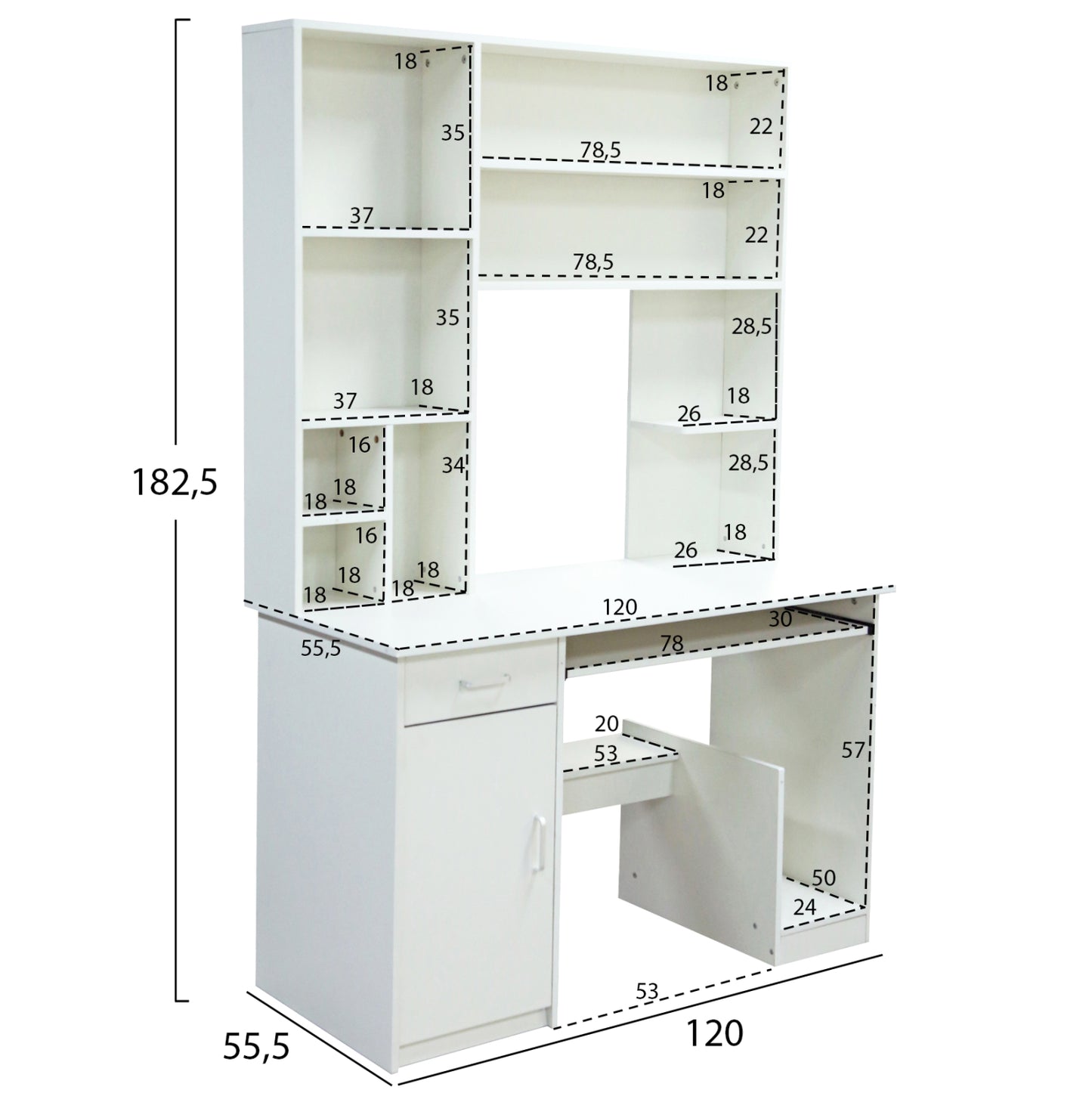 Hm2032.03 Desk "status" With Bookcase-shelves, White, 120x55x182