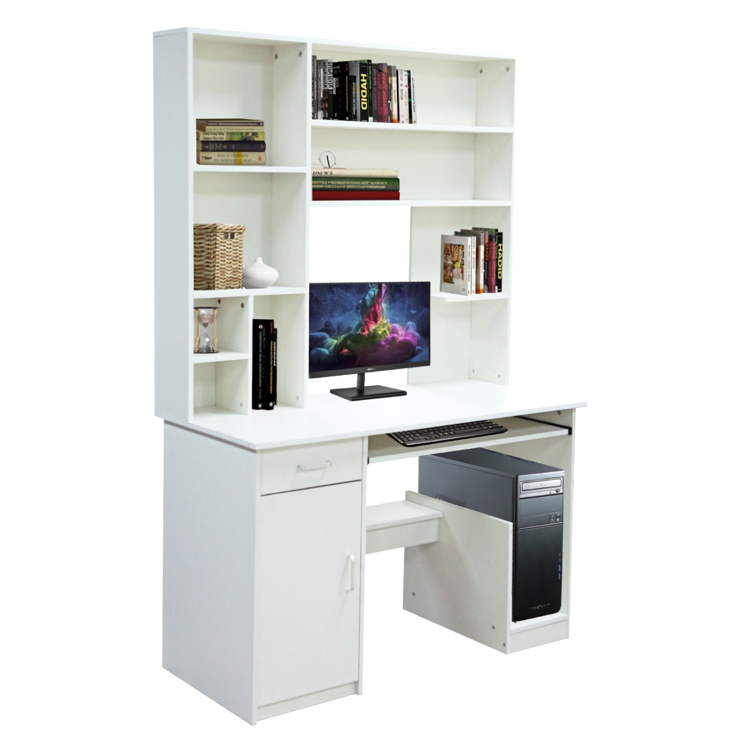 Hm2032.03 Desk "status" With Bookcase-shelves, White, 120x55x182