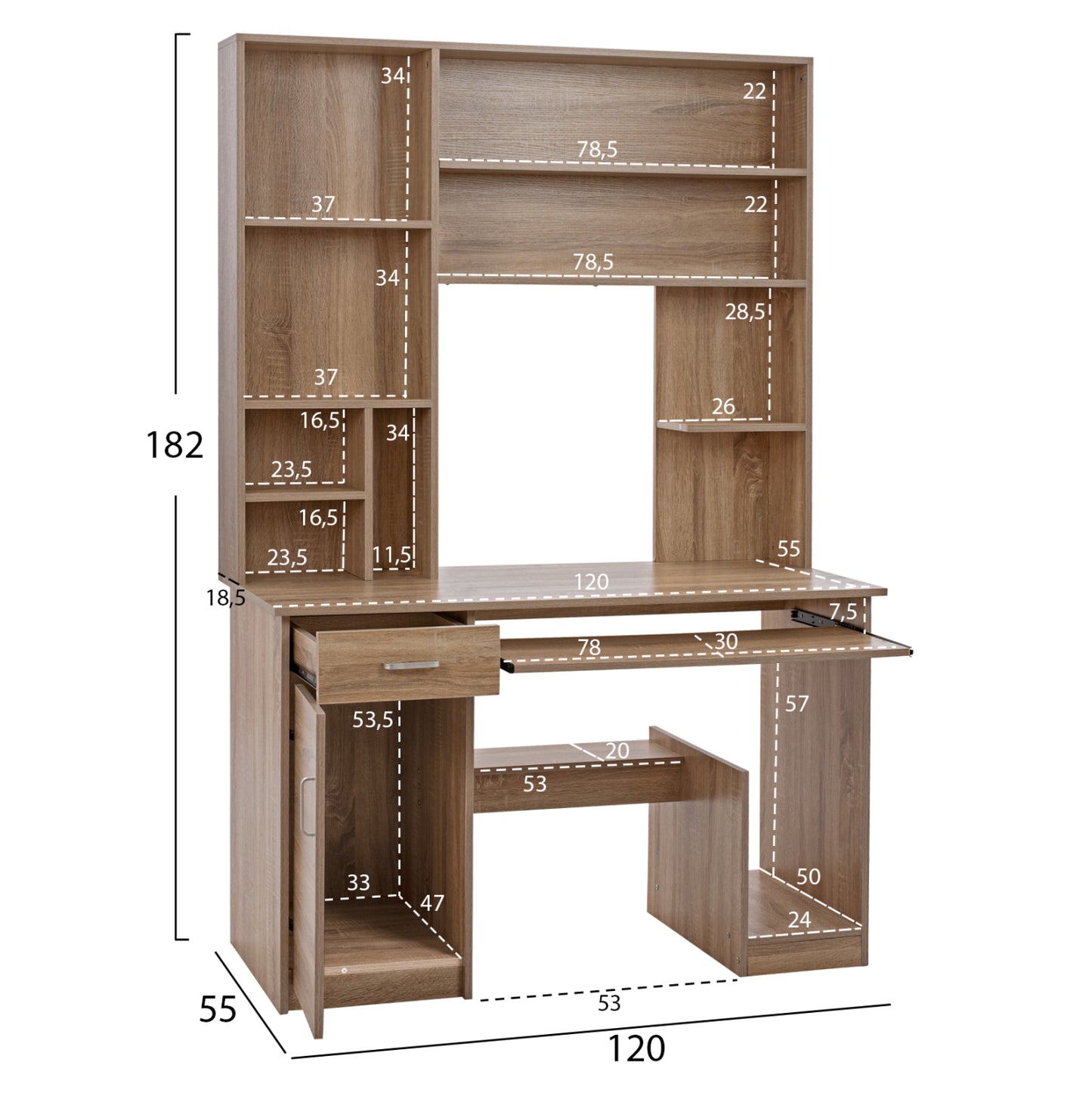 Hm2032.02 Desk Status With Bookcase-shelves, Sonoma, 120x55x182