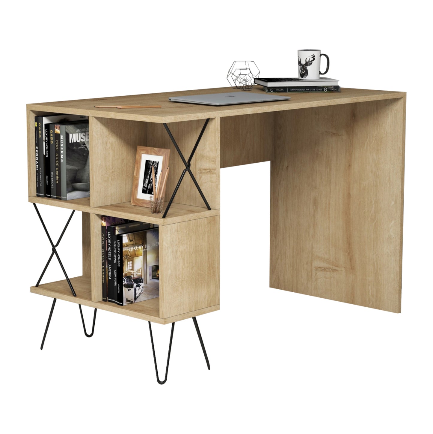 Study Desk Hm9509.01 Melamine Natural Oak With Shelves 120x60x78.8hcm.