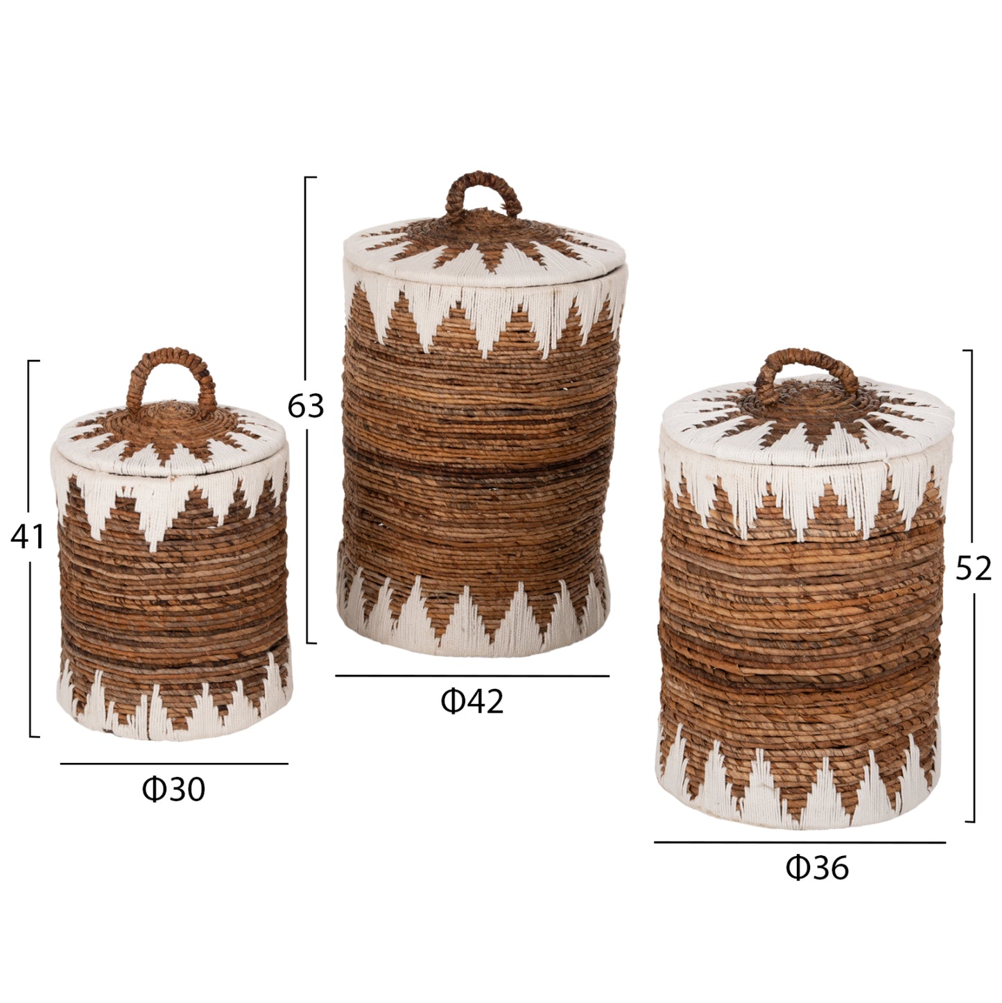 Round Baskets With Lid 3pcs Hm4306 Rush In Natural-white Φ42x63hcm.
