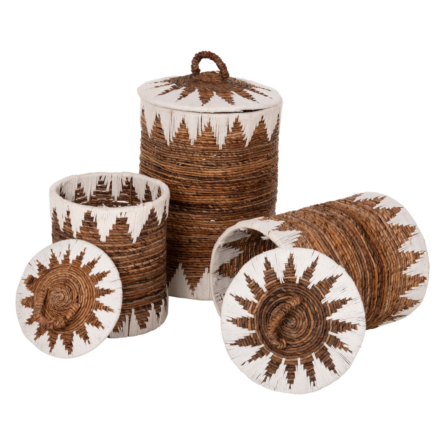Round Baskets With Lid 3pcs Hm4306 Rush In Natural-white Φ42x63hcm.