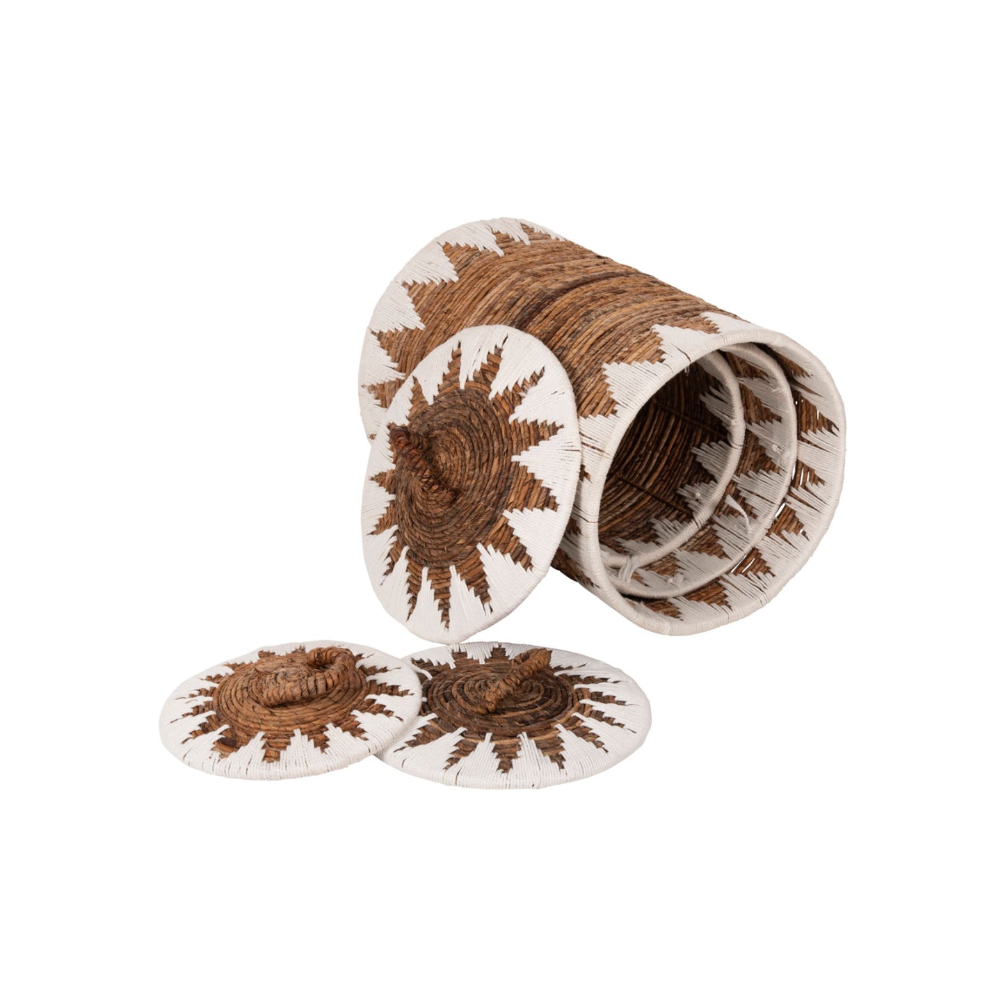 Round Baskets With Lid 3pcs Hm4306 Rush In Natural-white Φ42x63hcm.