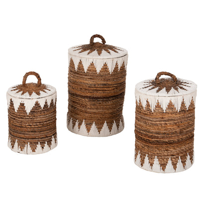Round Baskets With Lid 3pcs Hm4306 Rush In Natural-white Φ42x63hcm.