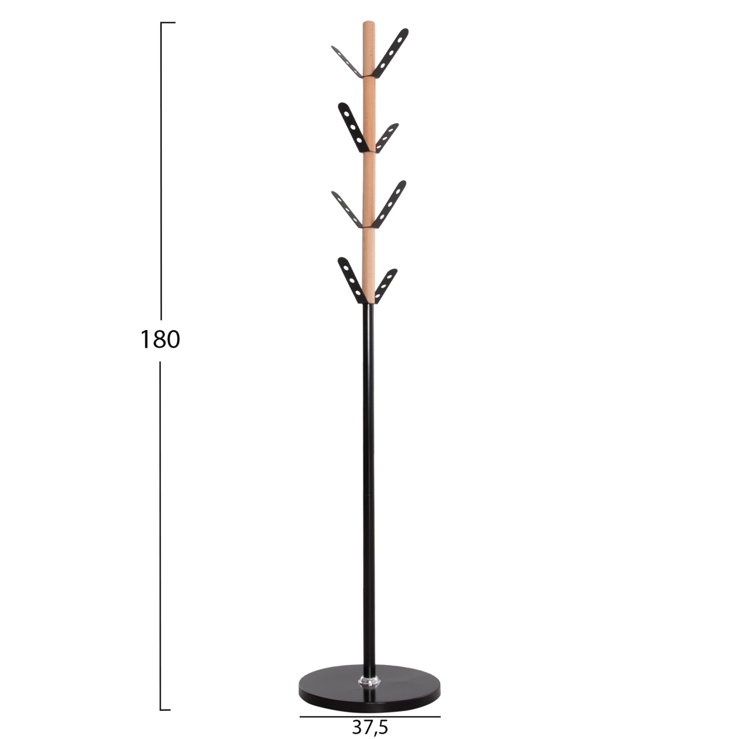 Coat Hanger Billy Hm18075.01 Beech Wood-black Metal-base With Wood Φ37.5x180hcm.