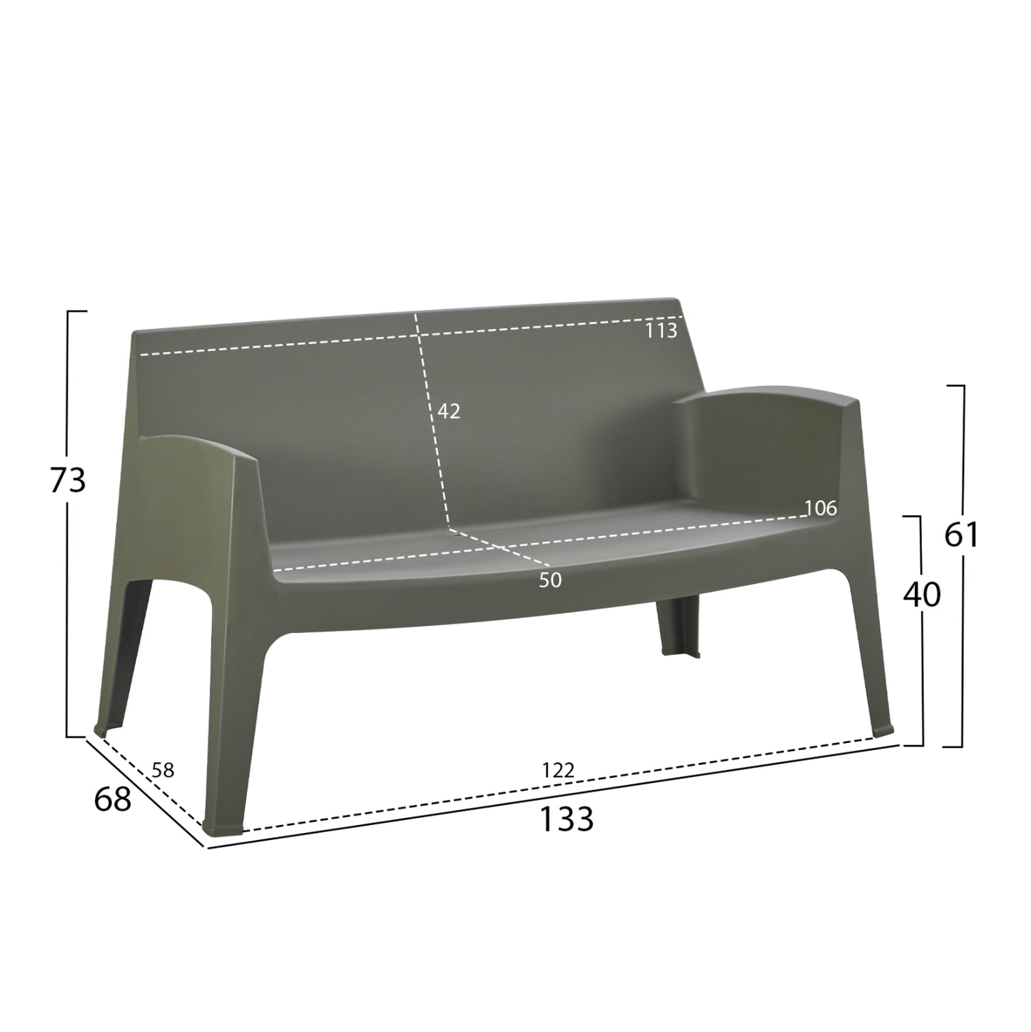 Polypropylene 2-seater Sofa Sleek Hm6366.05 Dark Olive Color 133x68x73hcm.