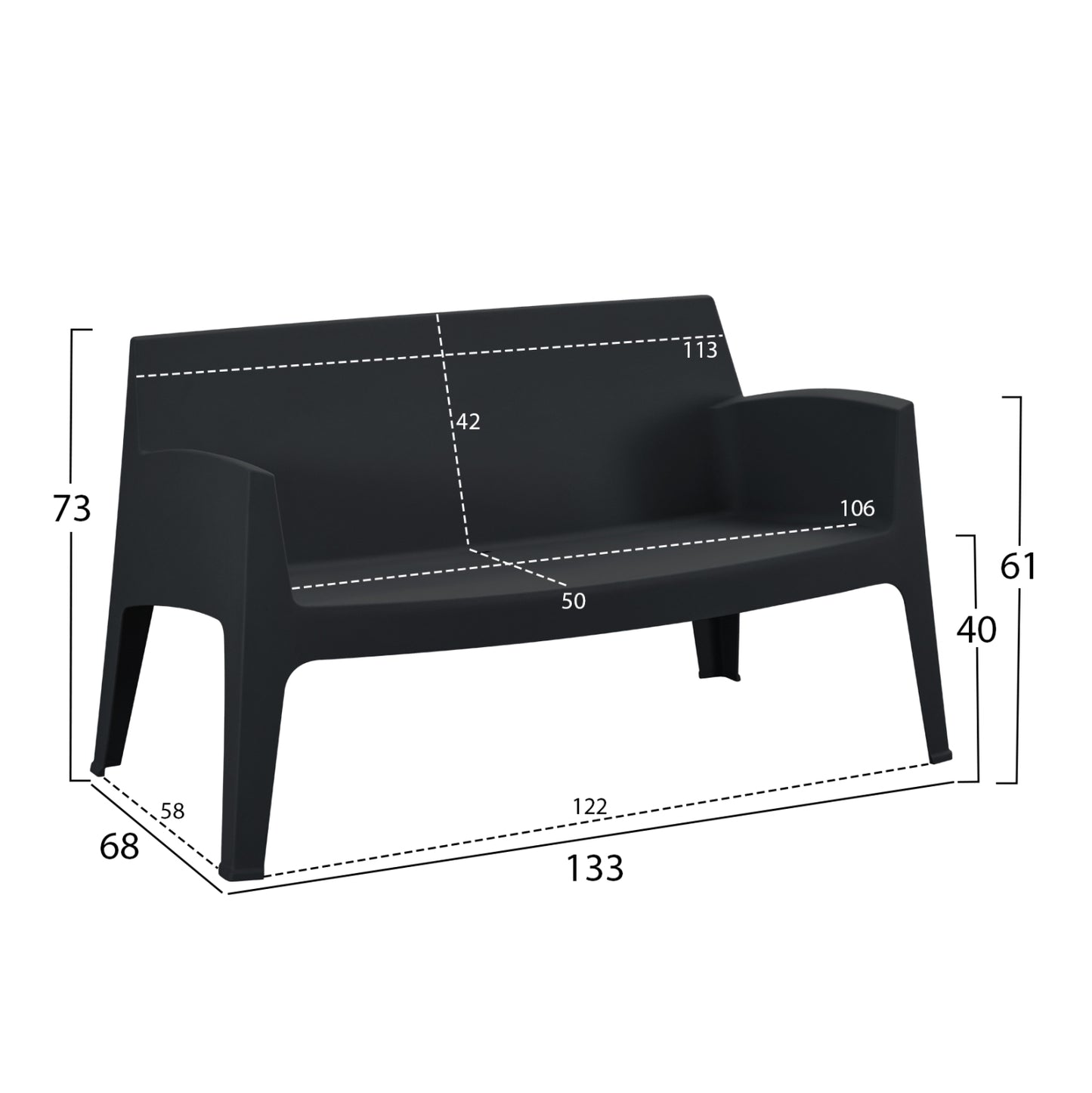 Polypropylene 2-seater Sofa Sleek Hm6366.02 Black Color 133x68x73hcm.