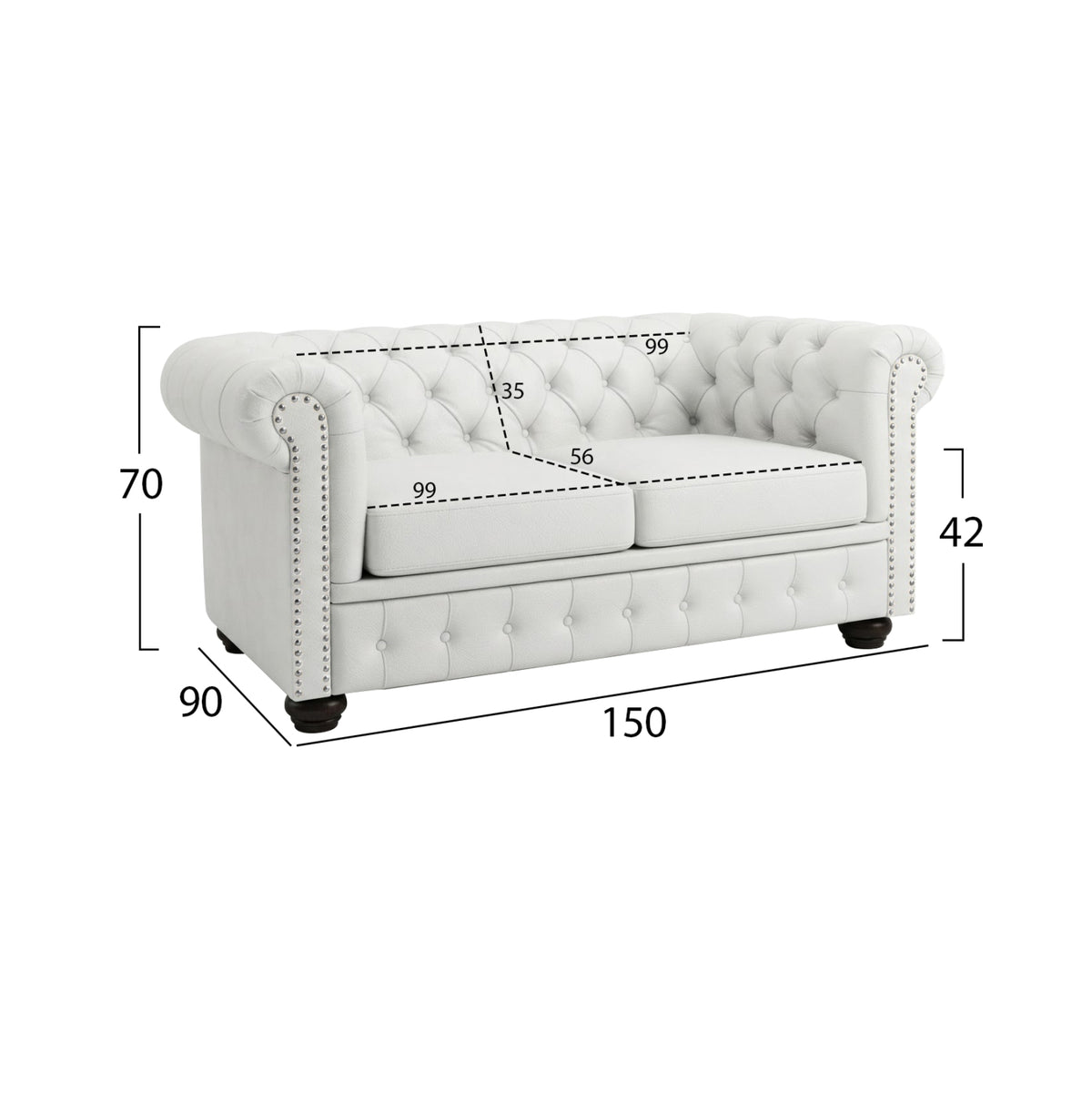 Sofa 2 Seater Chesterfield Type Hm3010.02 White Matte Faux Leather 150x90x70(h)cm