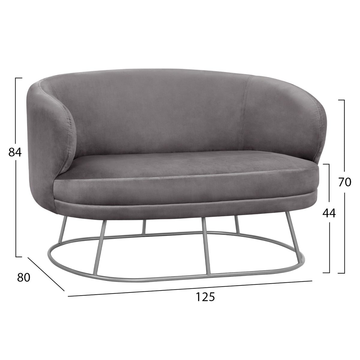 Sofa 2 Seater Arien From Velvet Grey With Silver Base Hm8492.01 125Χ80Χ84cm