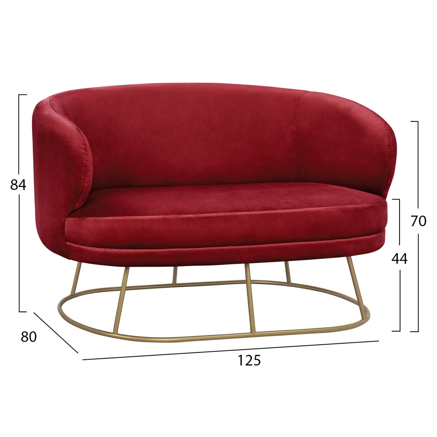 Velvet Sofa 2 Seater Arien Hm8492.06 In Red Color With Gold Base 125x80x84 Cm