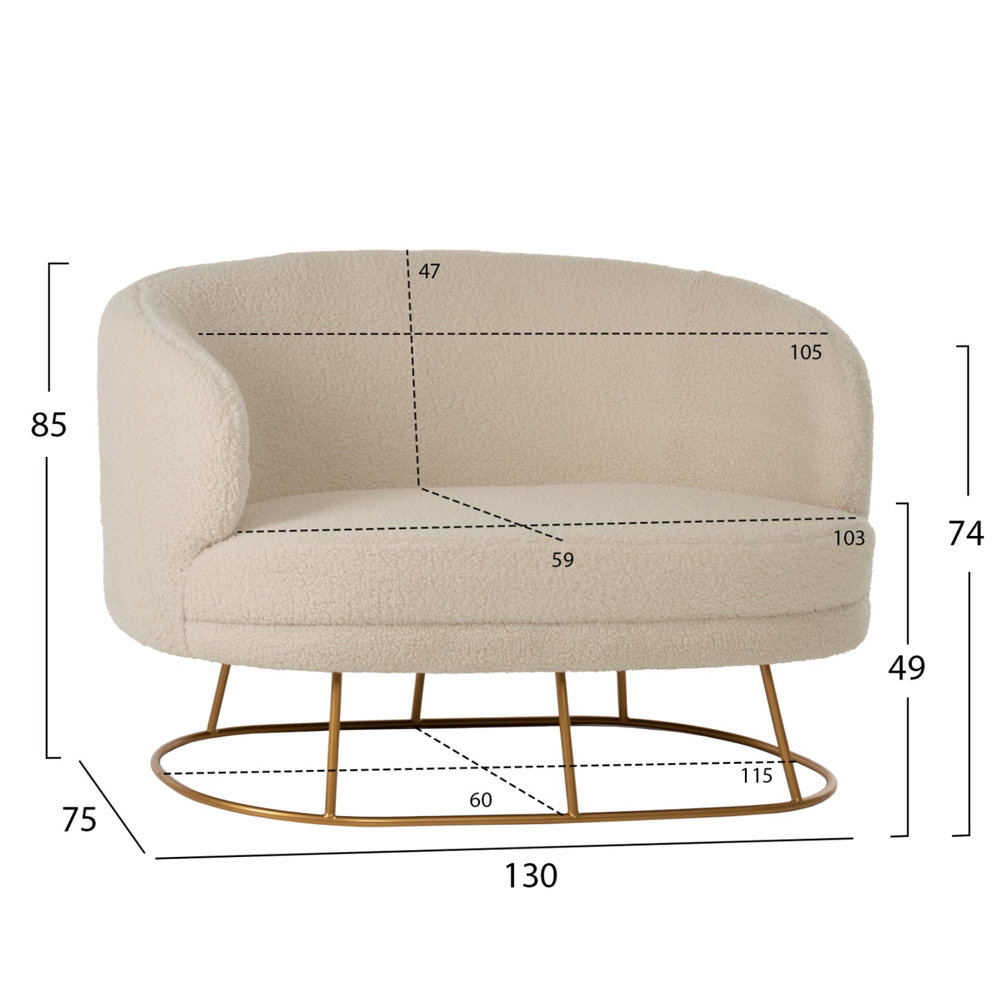 Sofa 2-seater Arien Hm8492.20 Ecru Boucle Fabric And Gold Metal Base 130x75x85hcm.