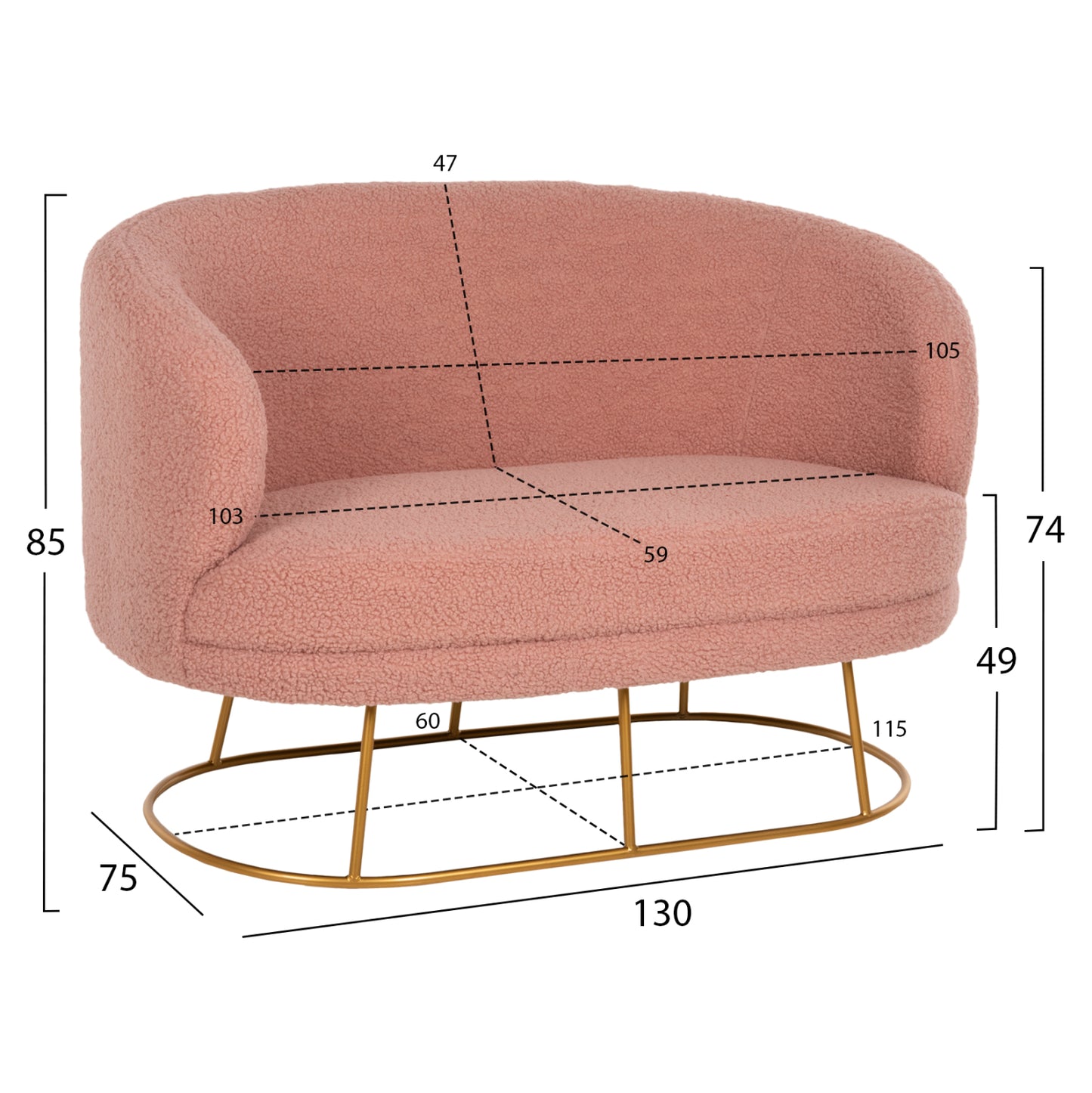 Sofa 2-seater Arien Hm8492.22 Dusty Pink Boucle Fabric And Gold Metal Base 130x75x85hcm.
