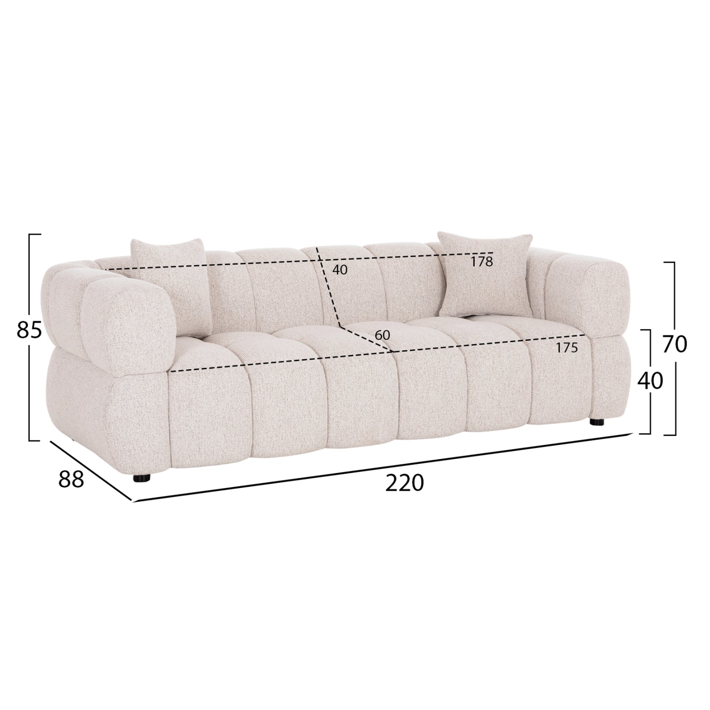 Sofa 3-seater Norika Hm3331.02 Ecru Fabric 220x88x85hcm.
