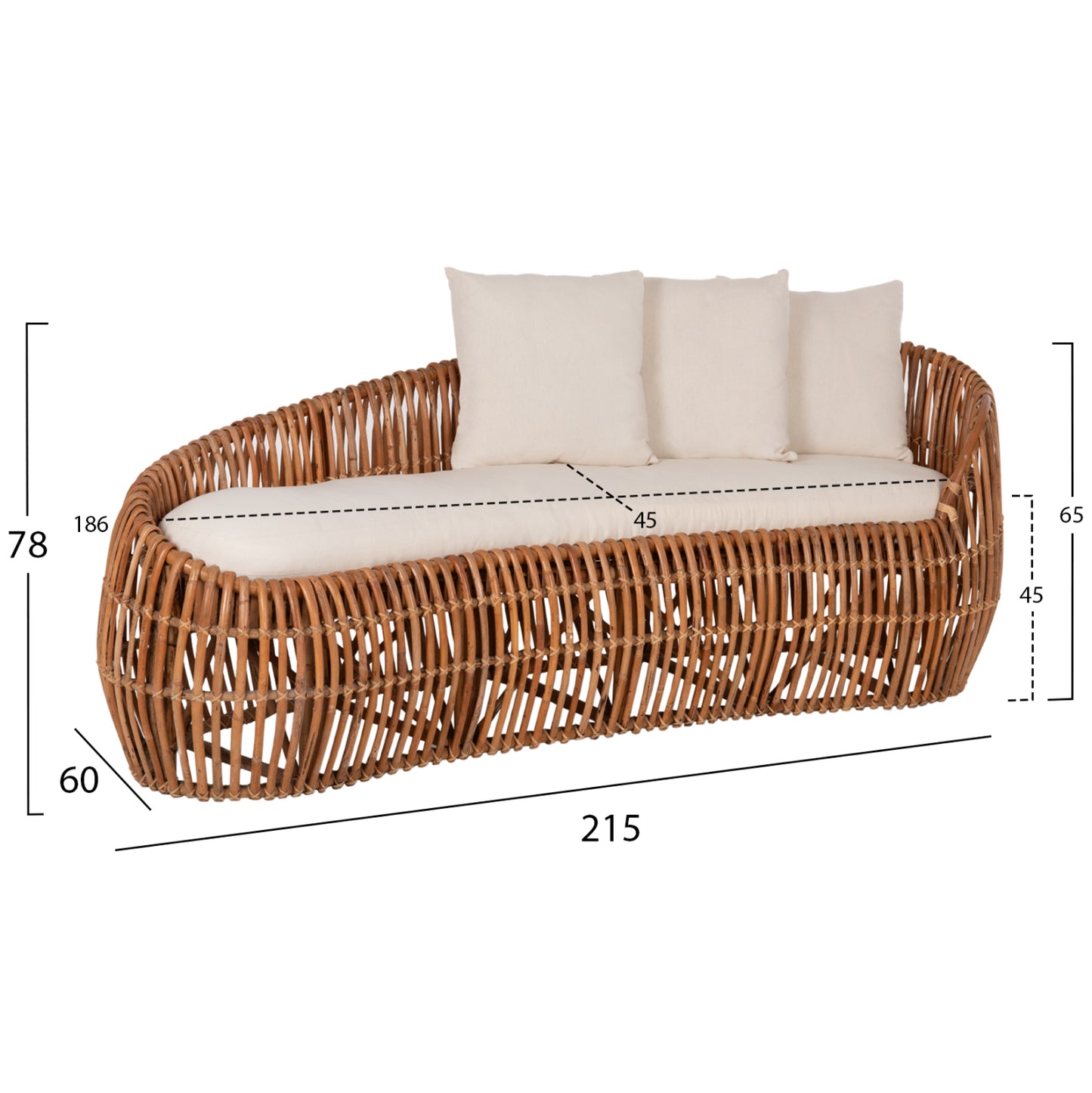 Sofa-lounger Lantry Hm5991 Natural Rattan- White Cushions 215x60x78hcm.