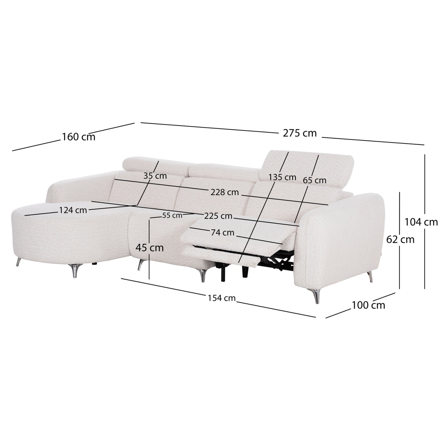 Left Corner 3-seat Sofa With Recline Valente Hm3317.02l Beige Fabric 275x160x104h