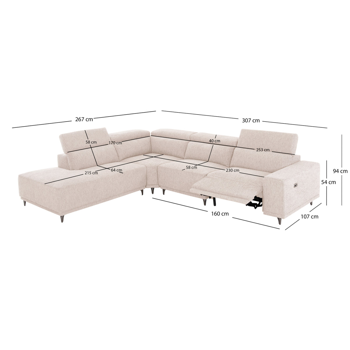 Left Corner 5-seat Sofa With Recline Lunaris Hm3316.01l Grey Fabric 307x267x94h