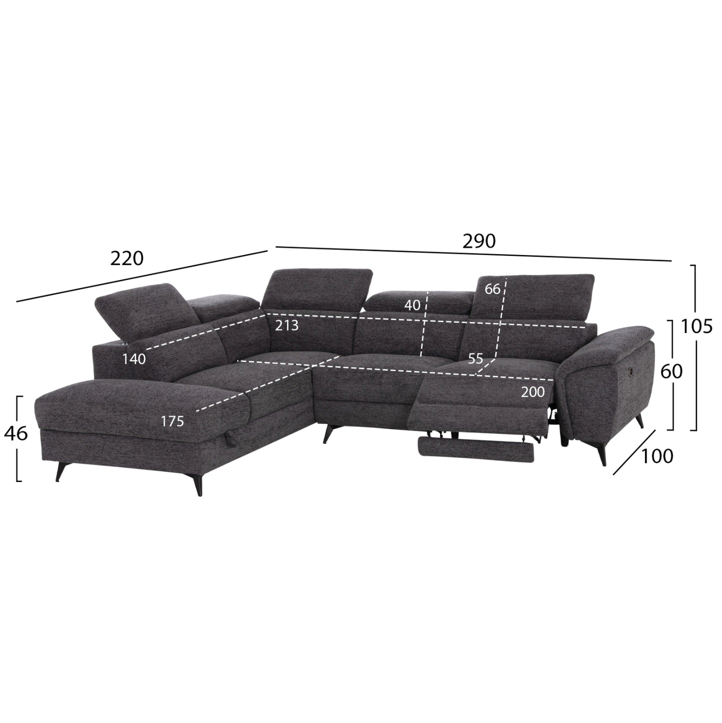 Sofa Left Corner-recline & Storage Space Restro Hm3339.01l Grey Fabric 290x220x80hcm.
