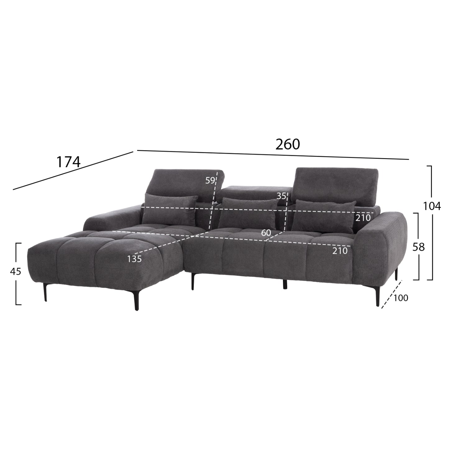 Corner Sofa Left Divya Hm3267.12l Grey Fabric 260x100-174x104hcm.
