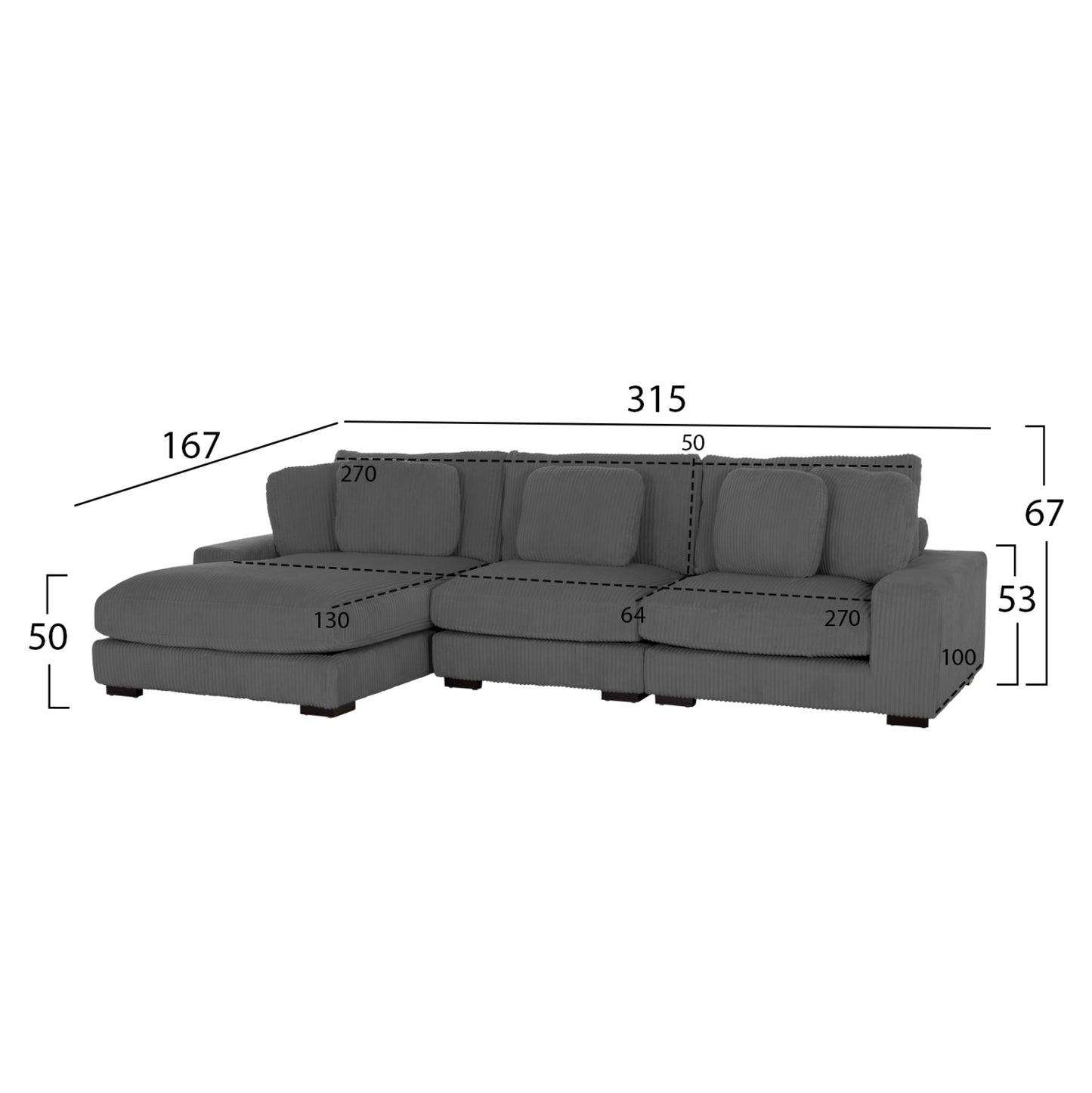 Corner Sofa Left Cranfield Hm3287.01l Grey Cord Fabric 315x167(corner)x67hcm.