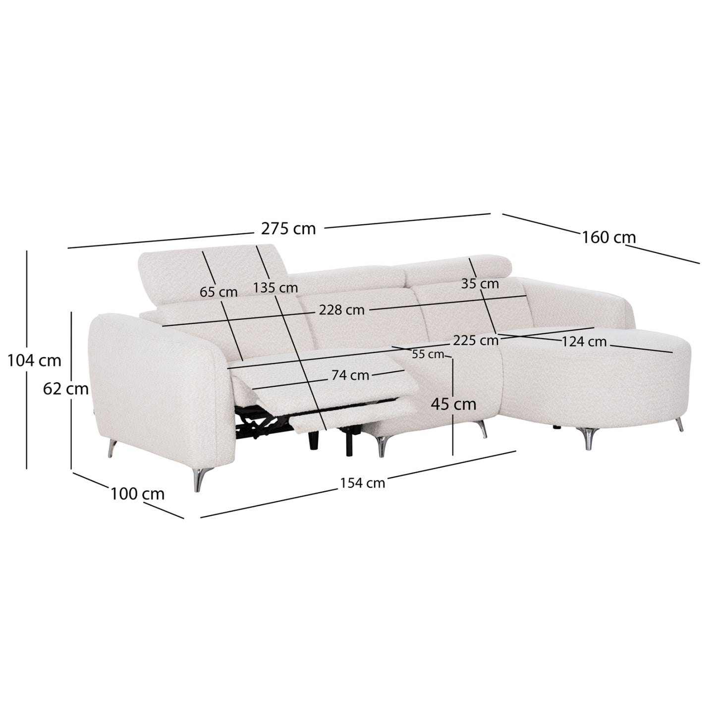 Right Corner 3-seat Sofa With Recline Valente Sm3317.01r Light Grey Fabric 275x160x104h