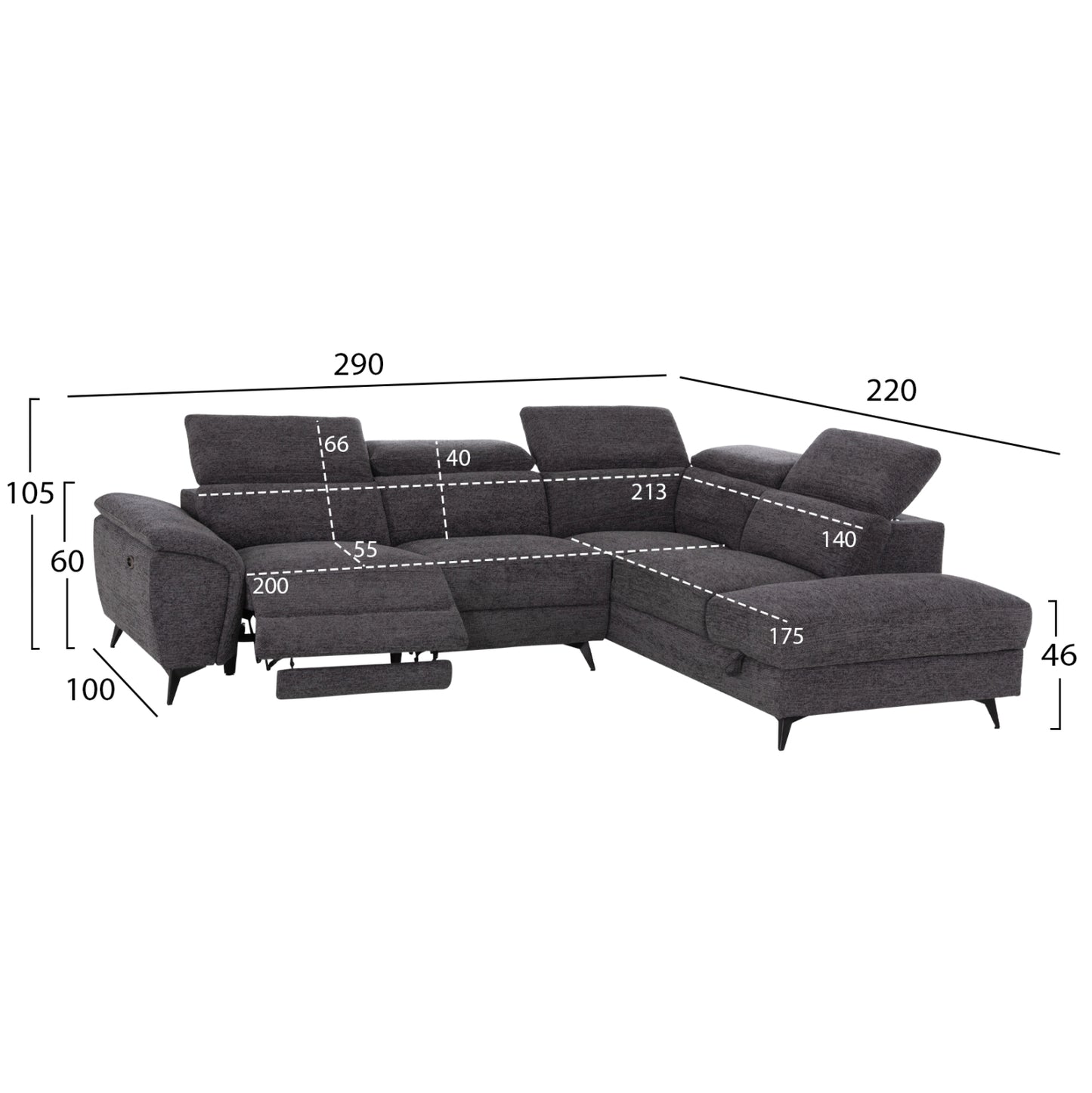 Sofa Right Corner-recline & Storage Space Restro ΗΜ3339.01r Grey Fabric 290x220x80hcm.