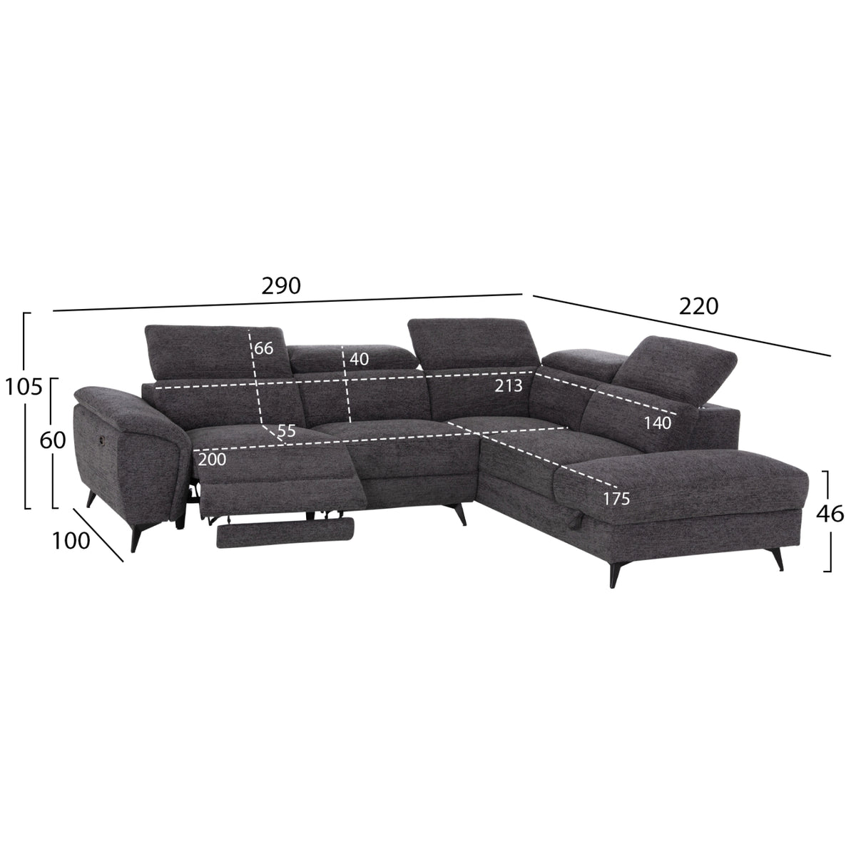 Sofa Right Corner-recline & Storage Space Restro ΗΜ3339.01r Grey Fabric 290x220x80hcm.
