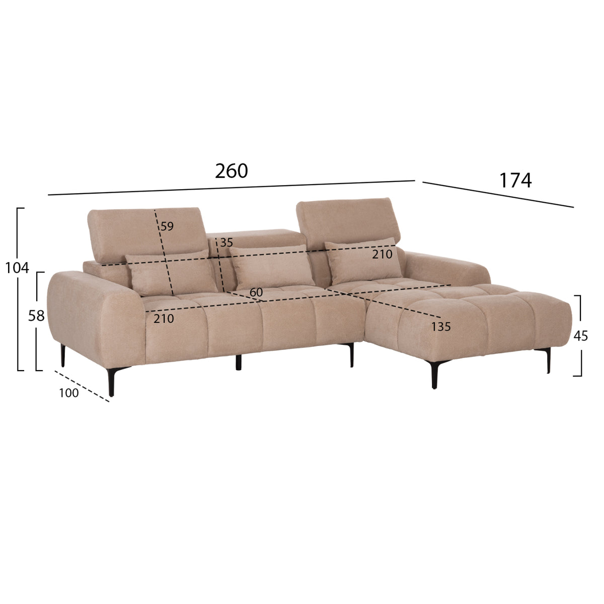 Corner Sofa Right Divya Hm3267.11r Brown Fabric 260x100-174x104hcm.