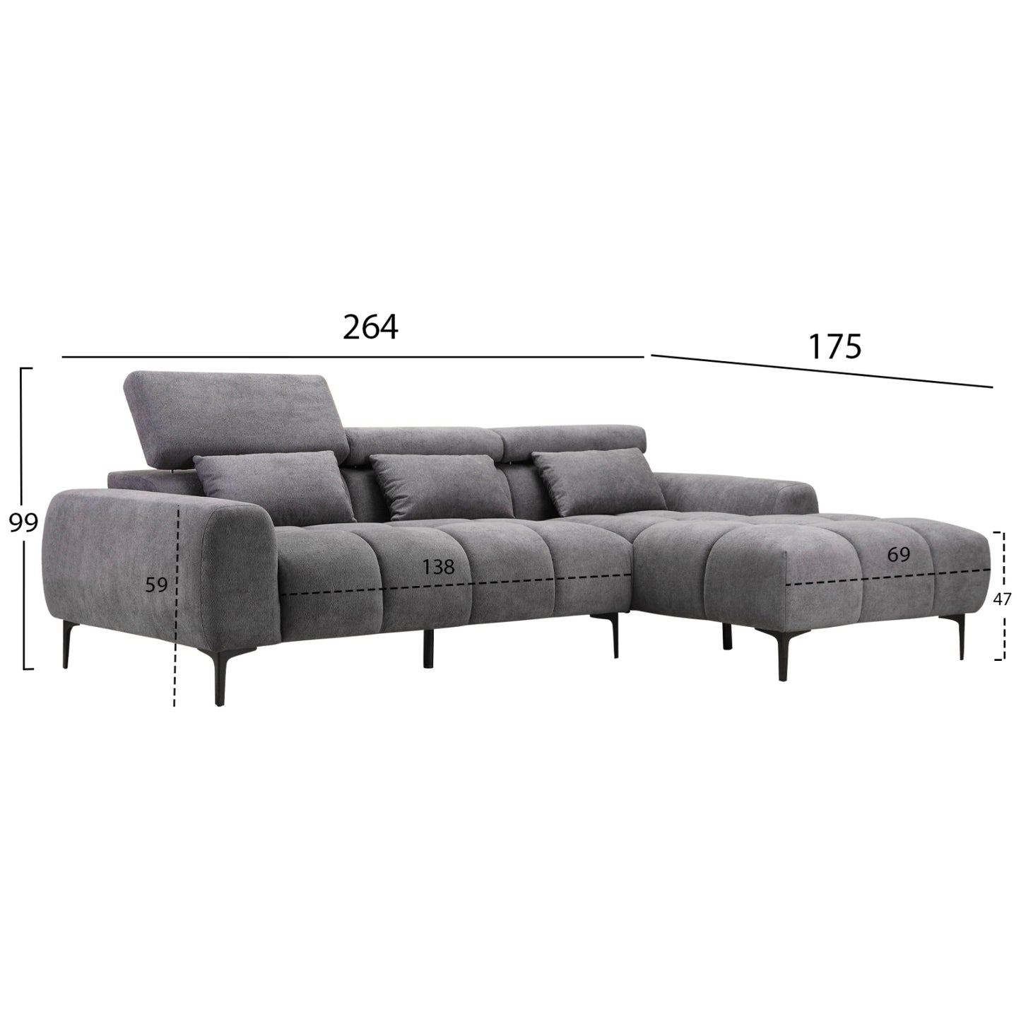 Corner Sofa Right Divya Hm3267.12r Grey Fabric 264x175x99hcm.