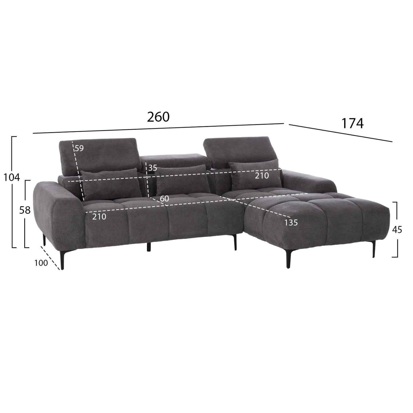 Corner Sofa Right Divya Hm3267.12r Grey Fabric 260x100-174x104hcm.