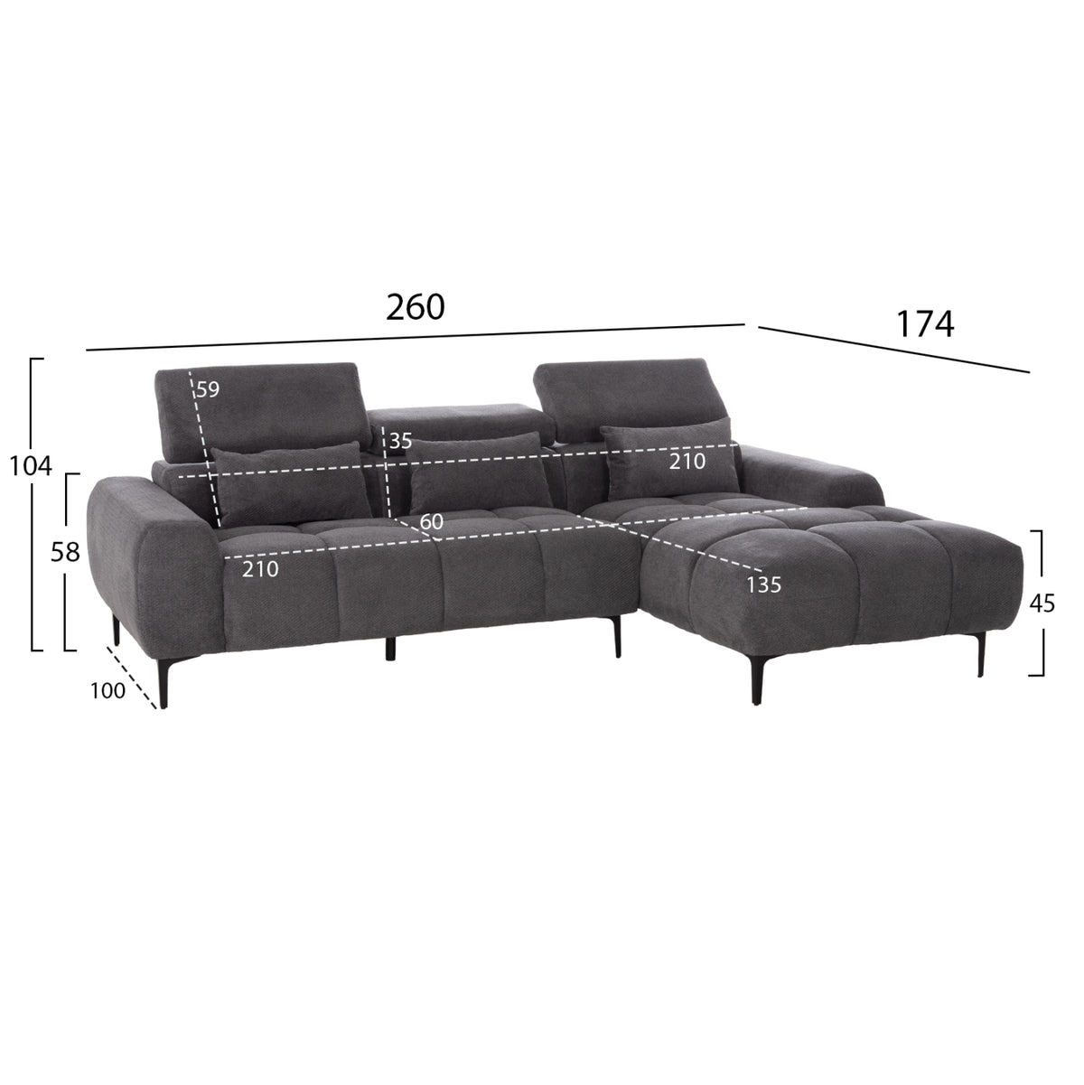 Corner Sofa Right Divya Hm3267.12r Grey Fabric 260x100-174x104hcm.