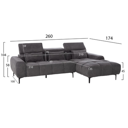 Corner Sofa Right Divya Hm3267.12r Grey Fabric 260x100-174x104hcm.